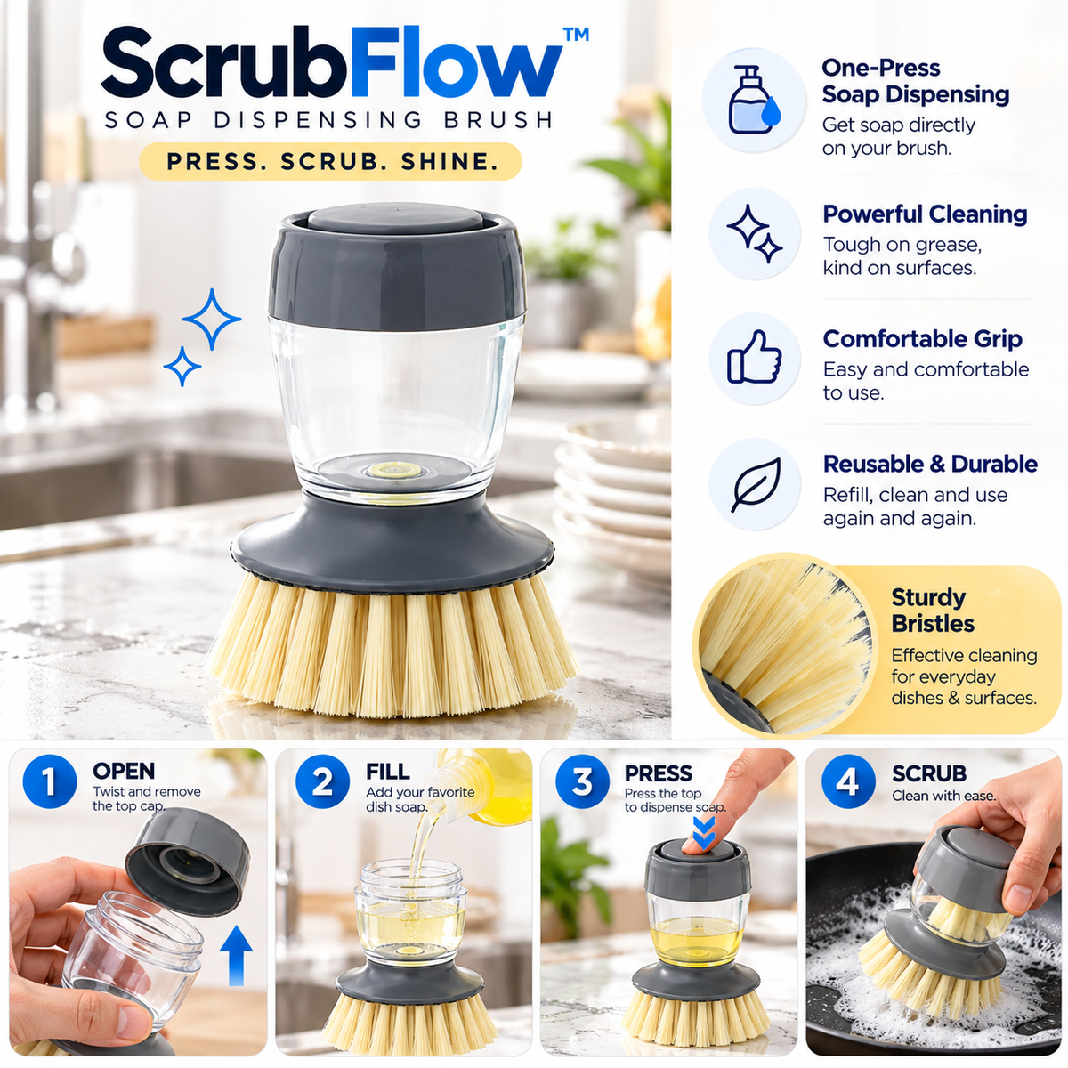 ScrubFlow™ 3-in-1 Soap Dispensing Brush