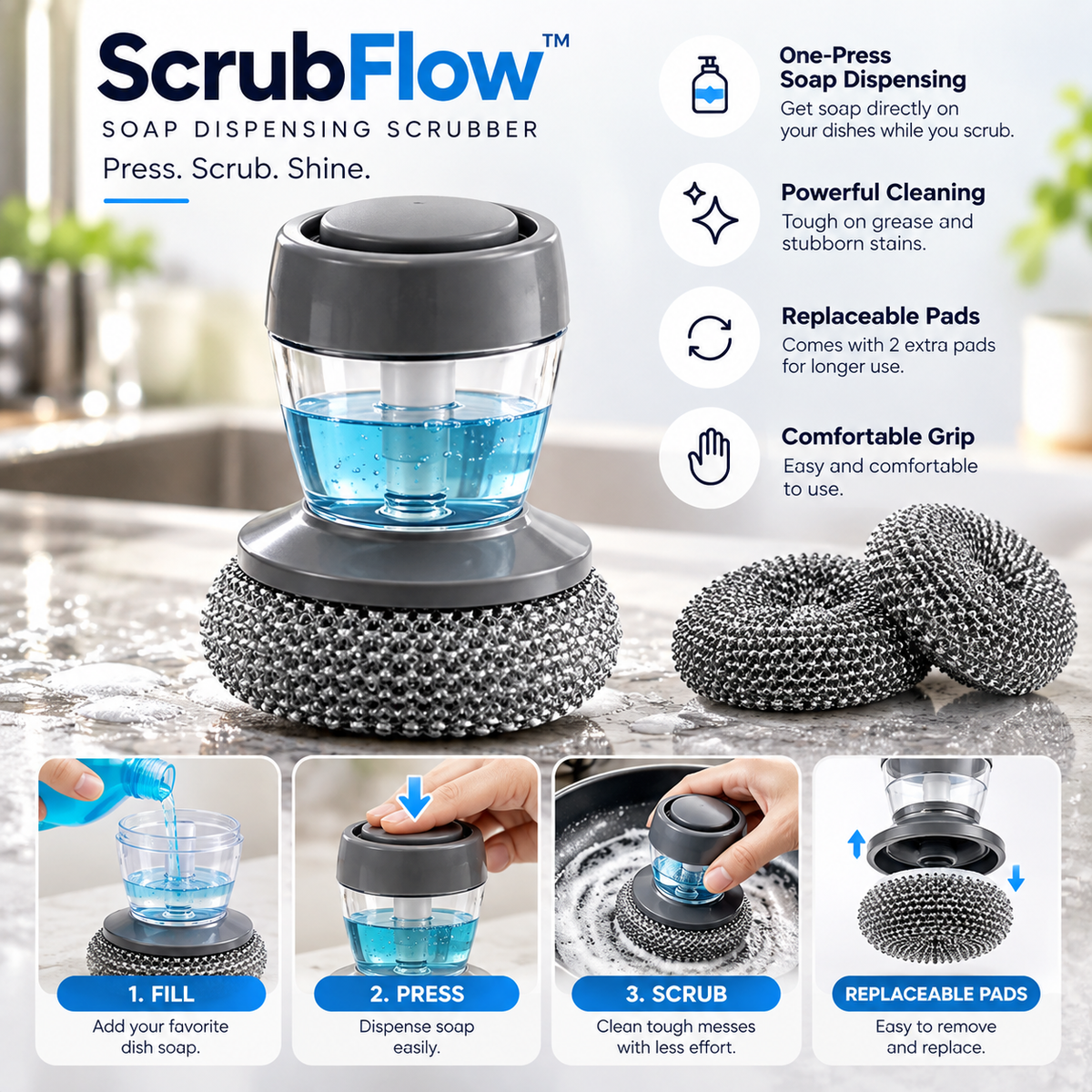 ScrubFlow™ Soap Dispensing Silicone Scrubber