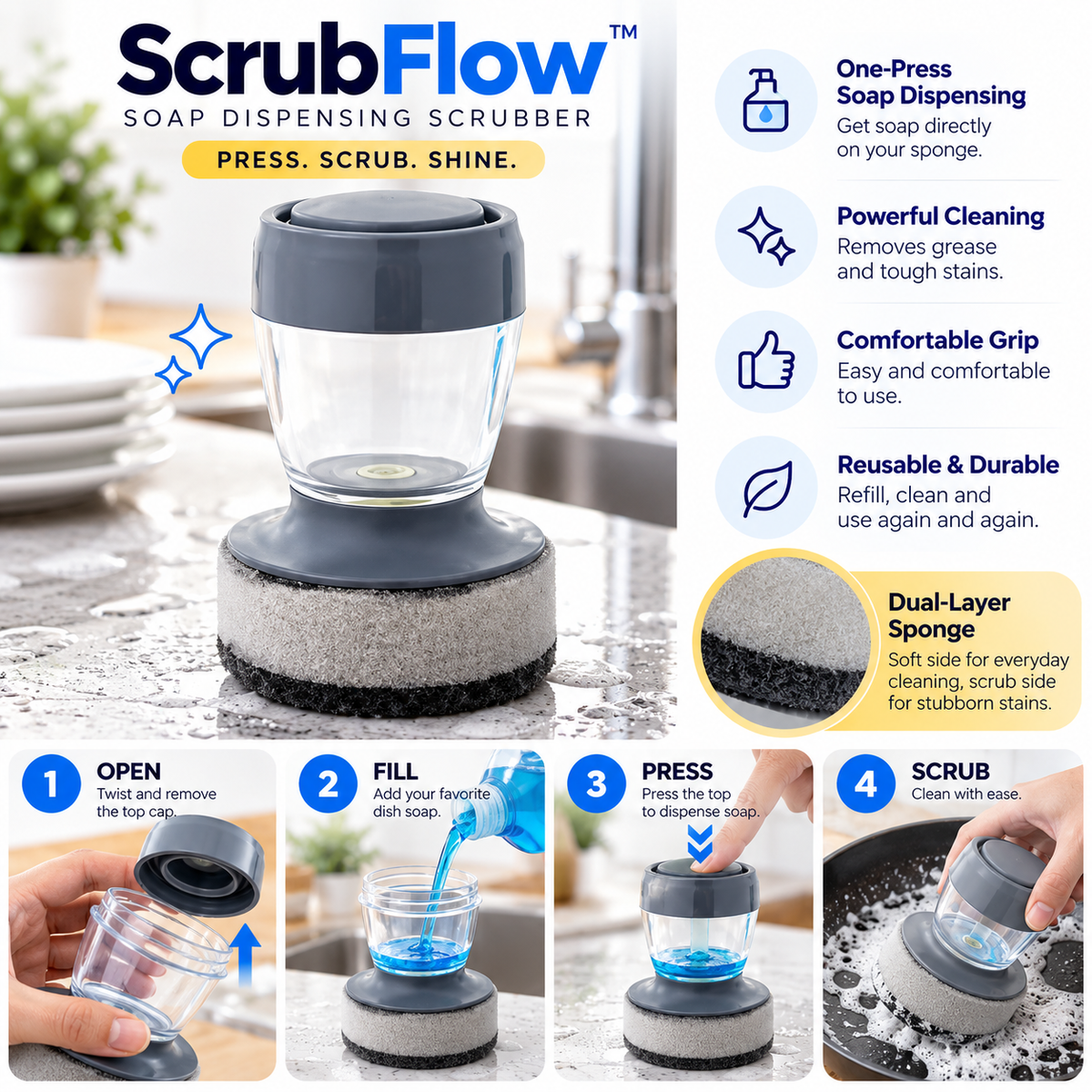 ScrubFlow™ 3-in-1 Soap Dispensing Brush