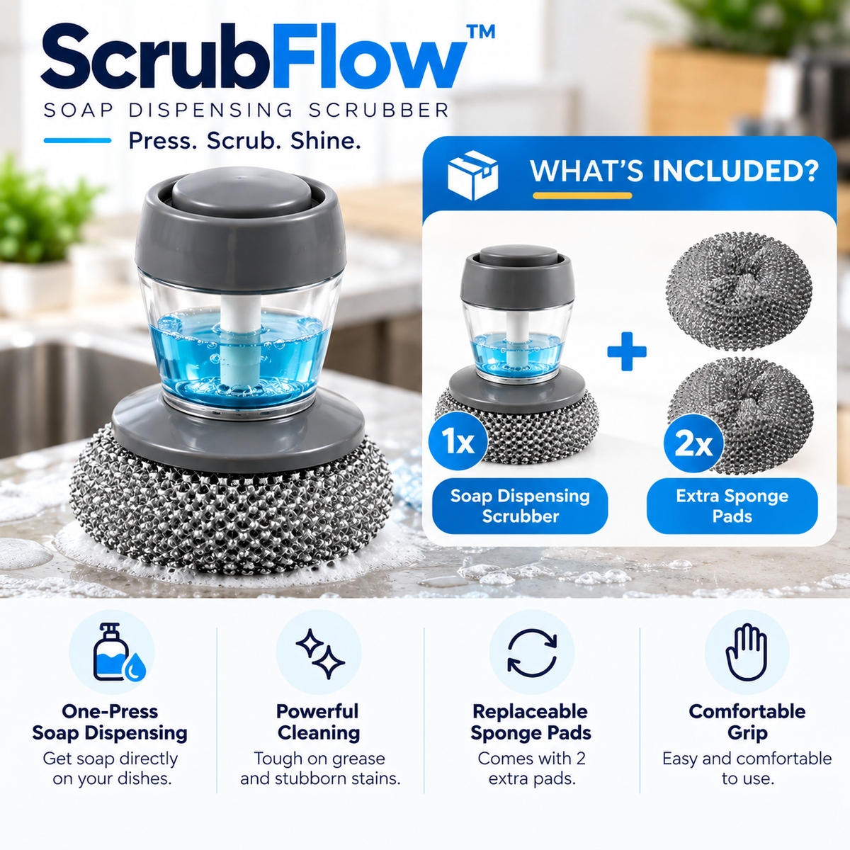 ScrubFlow™ Soap Dispensing Silicone Scrubber