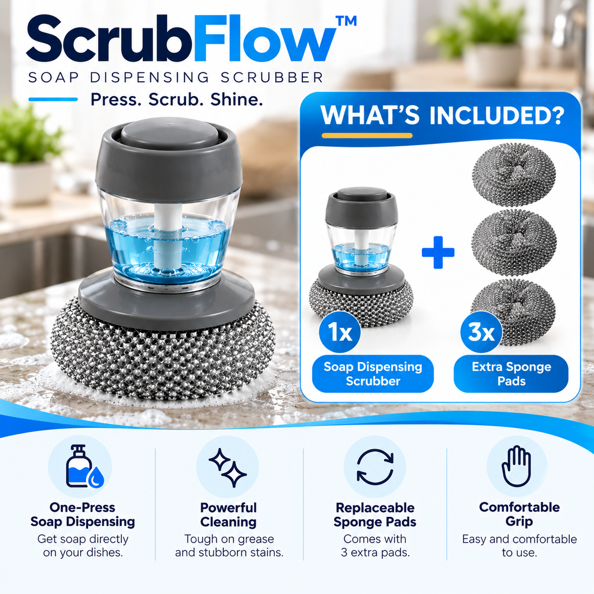 ScrubFlow™ Soap Dispensing Silicone Scrubber